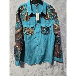 NWT Ouku Aztec Floral Print South Western Shirt Teal Green Mens XL Cowboy Rodeo